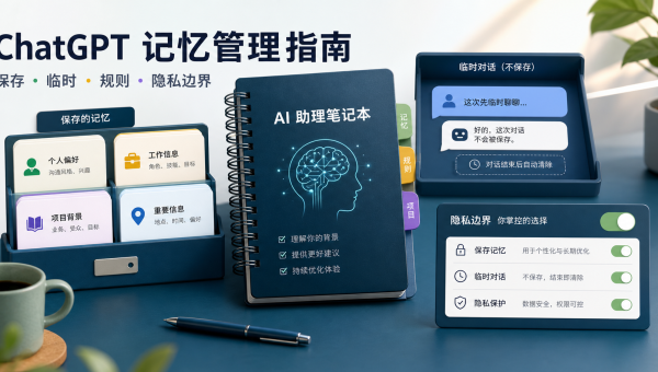 ChatGPT记忆管理指南，展示保存记忆、临时聊天、项目规则和隐私边界设置