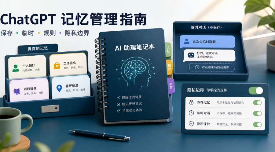 ChatGPT记忆管理指南，展示保存记忆、临时聊天、项目规则和隐私边界设置