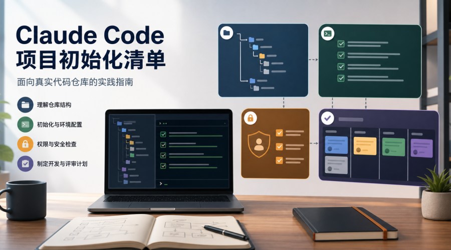 Claude Code 项目初始化主题图，展示仓库结构、终端清单、权限面板和代码验收任务板