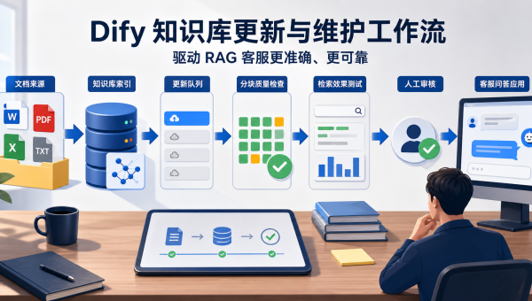 Dify知识库更新与维护工作流，展示文档来源、索引更新、分块质量检查、检索测试和人工审核