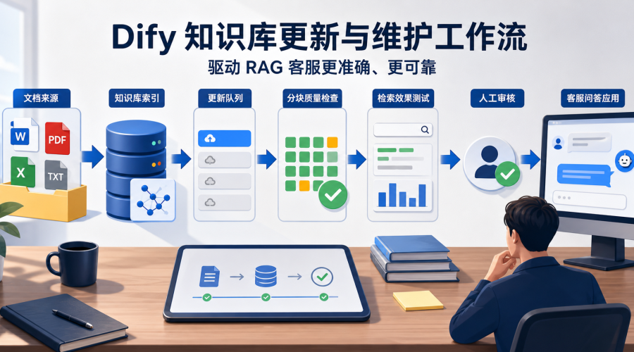 Dify知识库更新与维护工作流，展示文档来源、索引更新、分块质量检查、检索测试和人工审核
