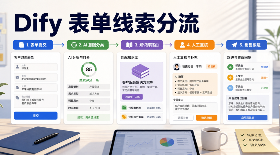Dify 表单线索分流、知识库路由和人工复核流程图