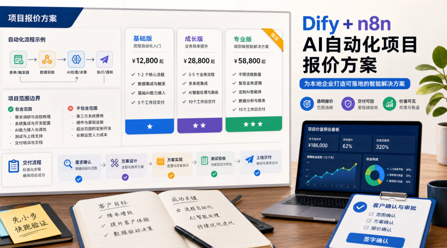 Dify 和 n8n AI自动化项目报价方案，展示流程范围、交付清单、客户确认和维护续费