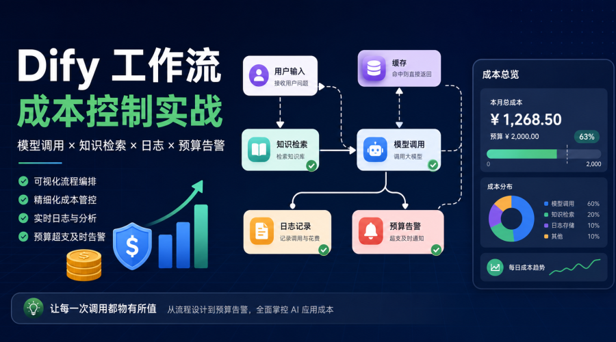 Dify工作流成本控制主题图，展示模型调用、知识库检索、日志记录、缓存和预算告警看板