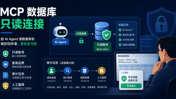 MCP数据库只读连接安全流程图，展示只读账号、查询边界、日志审计和人工复核