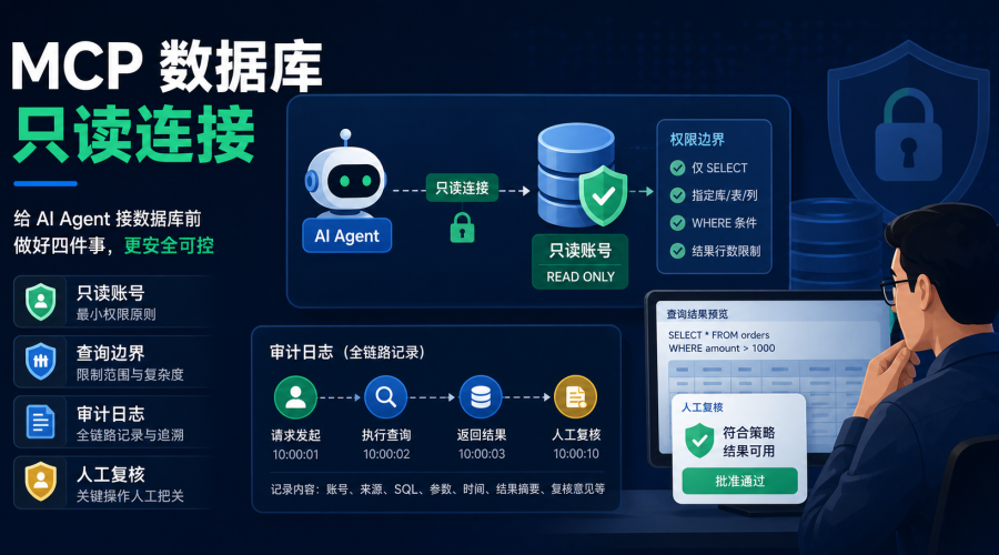 MCP数据库只读连接安全流程图，展示只读账号、查询边界、日志审计和人工复核