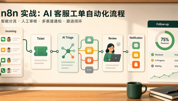 n8n客服工单自动化主题图，展示客户消息进入工单、AI分流、人工审核、通知和跟进闭环