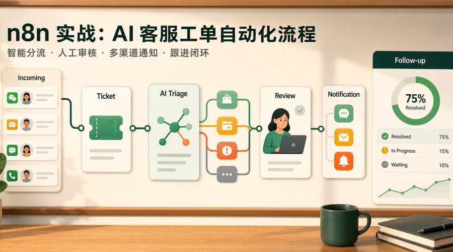 n8n客服工单自动化主题图，展示客户消息进入工单、AI分流、人工审核、通知和跟进闭环