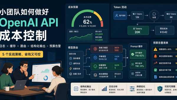 OpenAI API 成本控制主题图，展示 token 流量、预算仪表盘、模型路由、缓存和告警清单