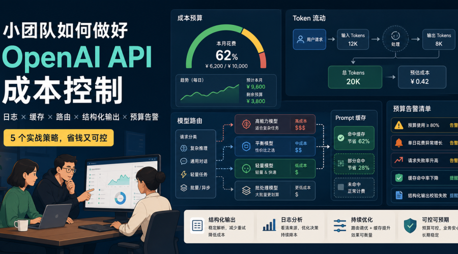 OpenAI API 成本控制主题图，展示 token 流量、预算仪表盘、模型路由、缓存和告警清单