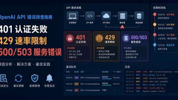 OpenAI API 报错排查流程图，展示 401 鉴权、429 限流额度、500/503 服务异常和日志重试策略
