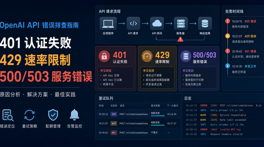 OpenAI API 报错排查流程图，展示 401 鉴权、429 限流额度、500/503 服务异常和日志重试策略