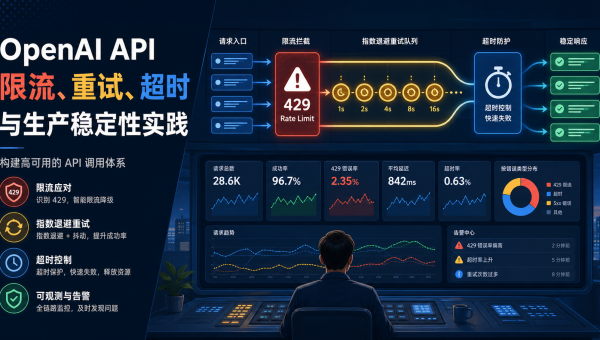 OpenAI API 限流、指数退避重试、超时保护和监控告警的生产稳定性流程图