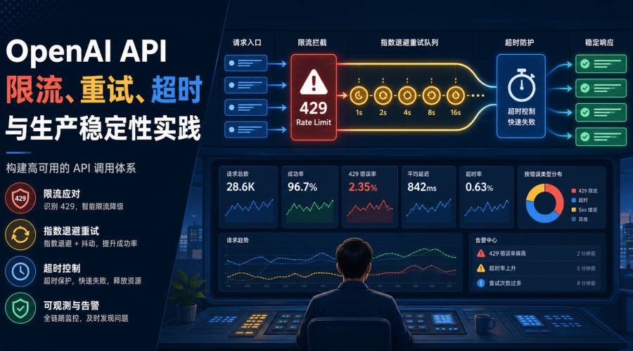 OpenAI API 限流、指数退避重试、超时保护和监控告警的生产稳定性流程图