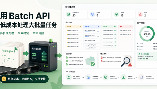 OpenAI Batch API批量任务主题图，展示JSONL任务队列、批处理状态、输出文件、错误文件和成本控制面板