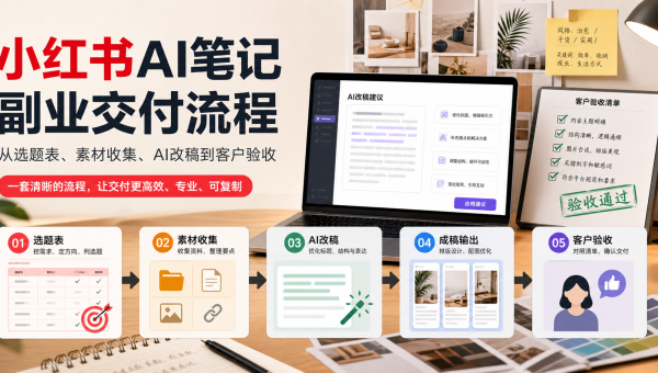 小红书AI笔记副业交付流程主题图，展示选题表、素材库、AI改稿、配图建议和客户验收看板