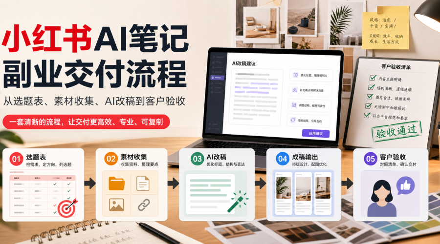 小红书AI笔记副业交付流程主题图，展示选题表、素材库、AI改稿、配图建议和客户验收看板