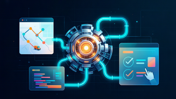 OpenAI 开源 Codex Harness 引擎：发光引擎舱连接多台应用终端界面，代码管道与人工审批节点环绕