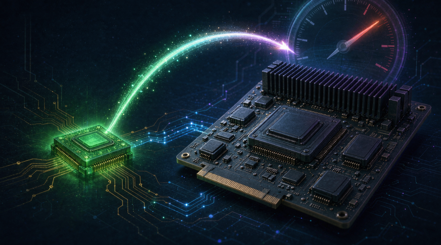 OpenAI 自研推理芯片 Jalapeño 与英伟达 GPU 能效对比场景，700W 对 1400W 功率标签、上升能效曲线与低延迟仪表盘