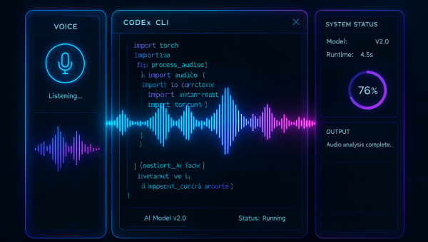Codex CLI 终端界面展示 Realtime V3 语音交互功能，声波波形与命令行融合的科技感主题图