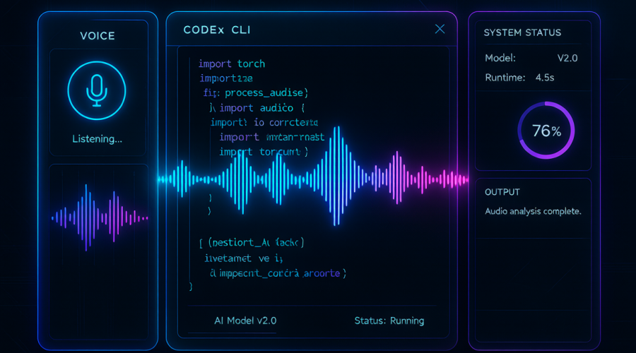 Codex CLI 终端界面展示 Realtime V3 语音交互功能，声波波形与命令行融合的科技感主题图