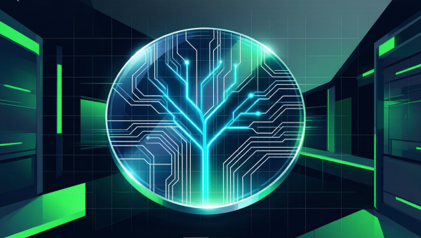 AMD与Taalas芯片概念图，硅片上刻入AI神经网络结构，背景为数据中心光效