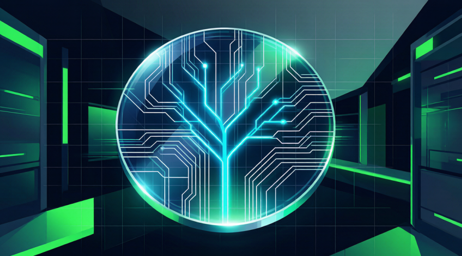 AMD与Taalas芯片概念图，硅片上刻入AI神经网络结构，背景为数据中心光效