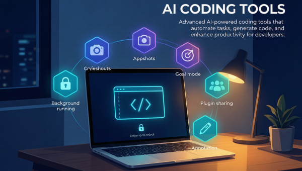 一台MacBook在锁屏状态下屏幕显示Codex Agent运行界面，周围有五个功能图标浮起代表五项更新，深蓝色科技风格