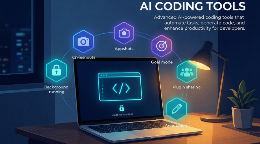 一台MacBook在锁屏状态下屏幕显示Codex Agent运行界面，周围有五个功能图标浮起代表五项更新，深蓝色科技风格