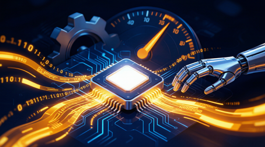 发光的 GPU 芯片与代码流，测速仪表盘表示跑赢编译器，象征 AI 自己优化底层算子