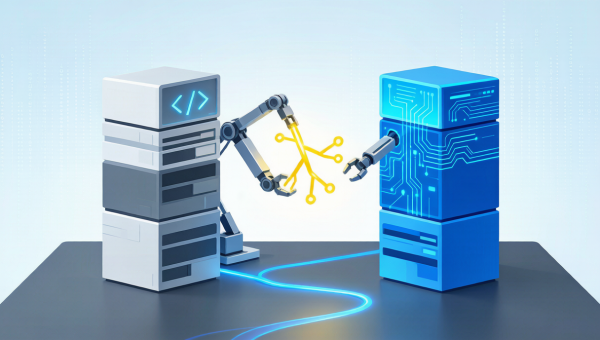 两个代码仓库界面在扳手腕，一边写着 GitHub 一边是 Cursor，中间一个 AI 机器人拿着代码分支，象征代码托管平台之争
