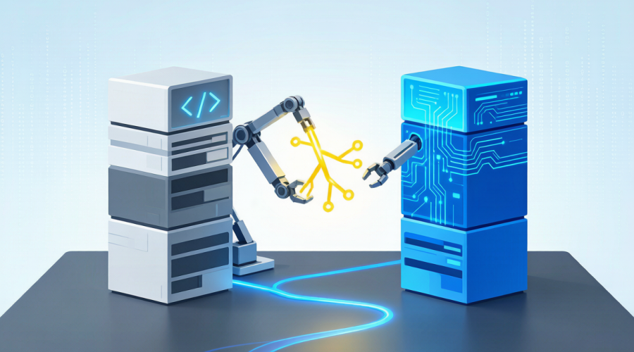 两个代码仓库界面在扳手腕，一边写着 GitHub 一边是 Cursor，中间一个 AI 机器人拿着代码分支，象征代码托管平台之争
