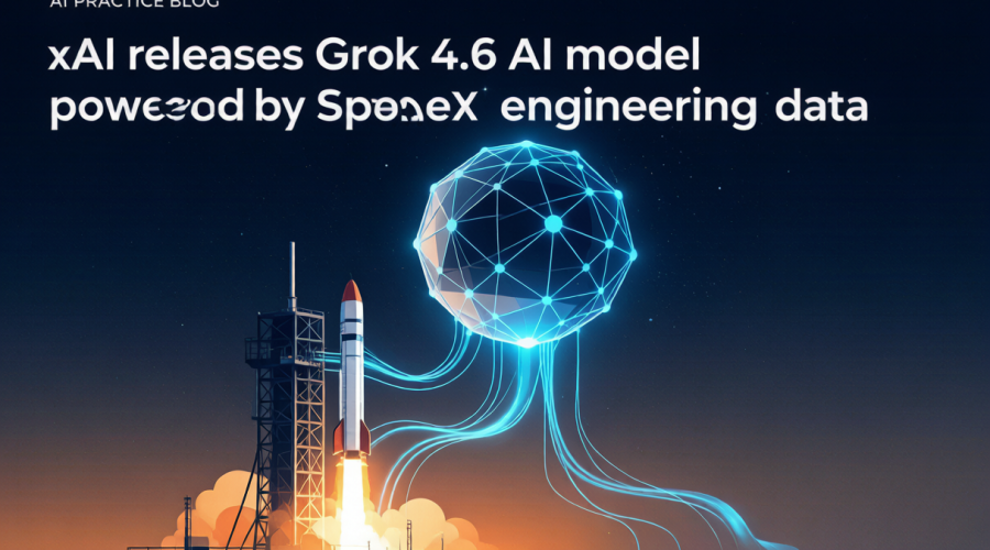 Grok 4.6概念图，火箭发射台背景下一颗AI芯片发光，象征SpaceX数据与AI模型的融合