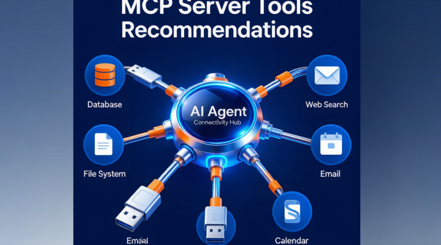 AI Agent 中央连接器向外辐射到数据库、网络搜索、文件系统、邮件和日历服务模块的 MCP 工具生态插画
