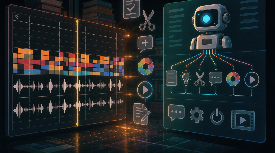 达芬奇 DaVinci Resolve 21.1 概念图：剪辑时间线界面与 AI 助理对话面板连通，语音指令驱动粗剪、调色与渲染