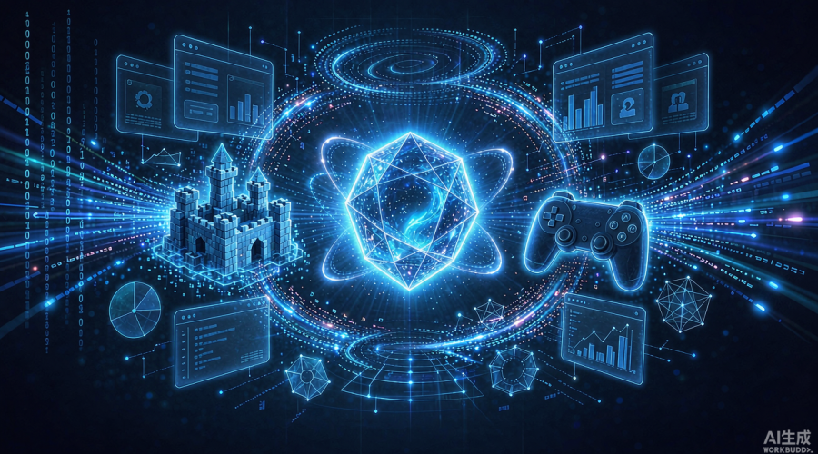 OpenAI Astra 模型生成 3D 等距游戏世界与交互网页的示意图，深蓝科技风，中央发光多面体 AI 核心，代码流从四周汇聚成 3D 城堡、游戏手柄与网页窗口