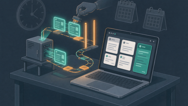 AWS Pizza Bot 后台 AI Agent 收件箱示意图：常开的小型服务器机柜持续投递任务卡片，笔记本屏幕上呈现三分区信箱，其中一张卡片停在琥珀色审批闸门前等待人工确认