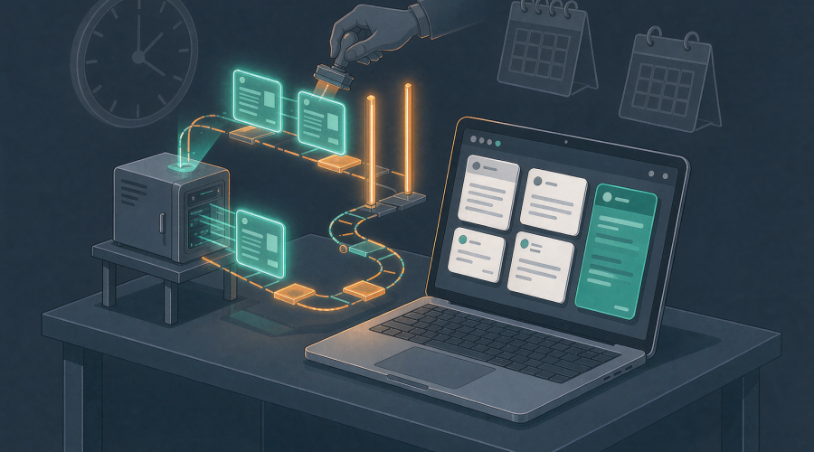 AWS Pizza Bot 后台 AI Agent 收件箱示意图：常开的小型服务器机柜持续投递任务卡片，笔记本屏幕上呈现三分区信箱，其中一张卡片停在琥珀色审批闸门前等待人工确认