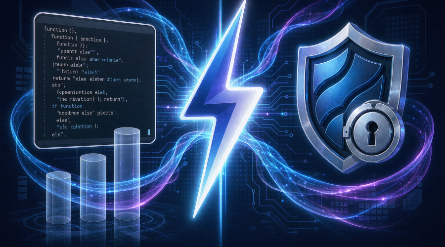 Gemini 3.8 Flash 发布概念图，闪电形状的模型核心照亮终端编程窗口与盾牌图标，代表标准版与网络安全 Cyber 版双版本