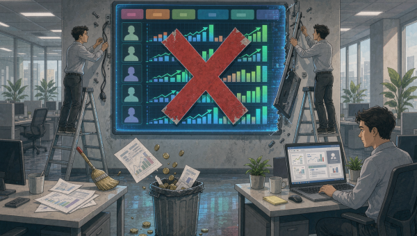 办公区里一张巨大的 token 用量排行榜大屏被贴纸划掉并正在拆除，下方散落硬币与文件，象征 Meta 取消 tokenmaxxing 式的 AI 用量绩效指标