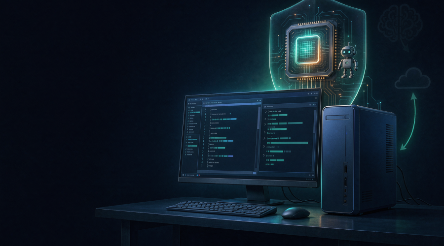 开发者电脑屏幕上的 VS Code 与终端界面旁，本地芯片点亮模型图标、云端流量改走本地的 Project Zenith 主题插画