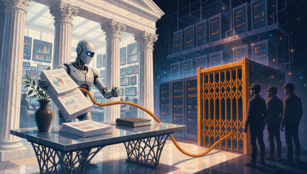 OpenAI 把 GPT-6 Astra 接入华尔街投行工作流、同时因算力紧张暂停高价订阅的概念插画