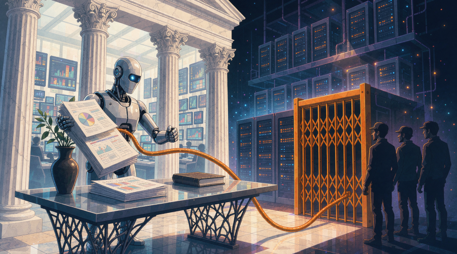 OpenAI 把 GPT-6 Astra 接入华尔街投行工作流、同时因算力紧张暂停高价订阅的概念插画