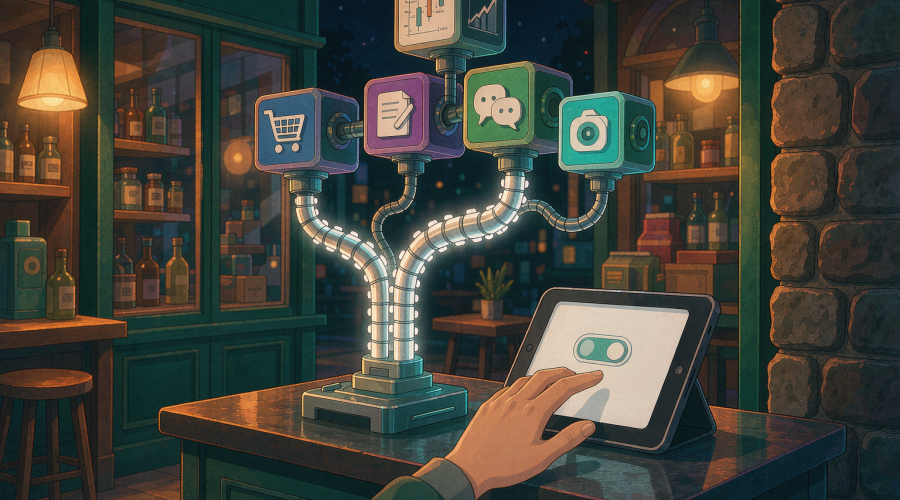 Meta Muse 小企业版示意图：小店柜台被一条统一管线接入多个业务工具，老板在终端逐项确认