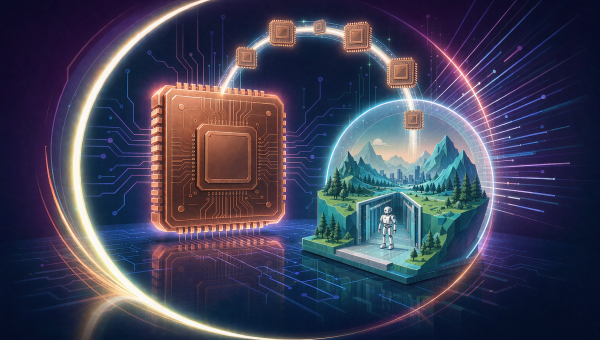 AMD 收购 World Labs 示意图：左侧芯片与右侧三维空间模型之间形成闭环，合成世界里机器人在训练
