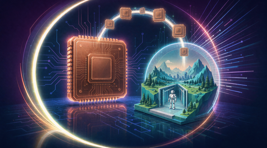 AMD 收购 World Labs 示意图：左侧芯片与右侧三维空间模型之间形成闭环，合成世界里机器人在训练