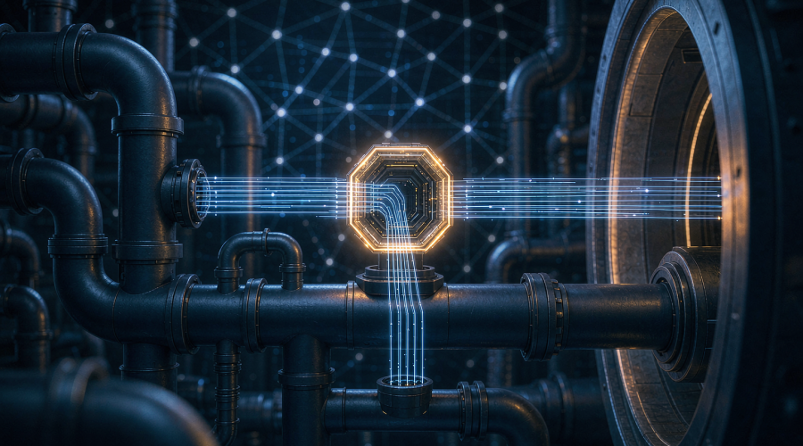 Cloudflare Clef 决策模型示意图：一枚小型琥珀色判断闸门在数据管线中快速放行或拦截请求